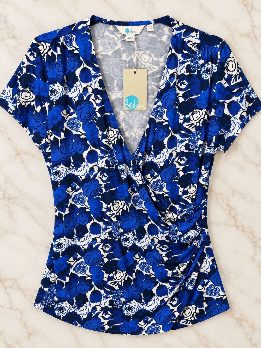 Boden Floral Wrap Top Blue White UK 22 US 18 Size Plus Stylish